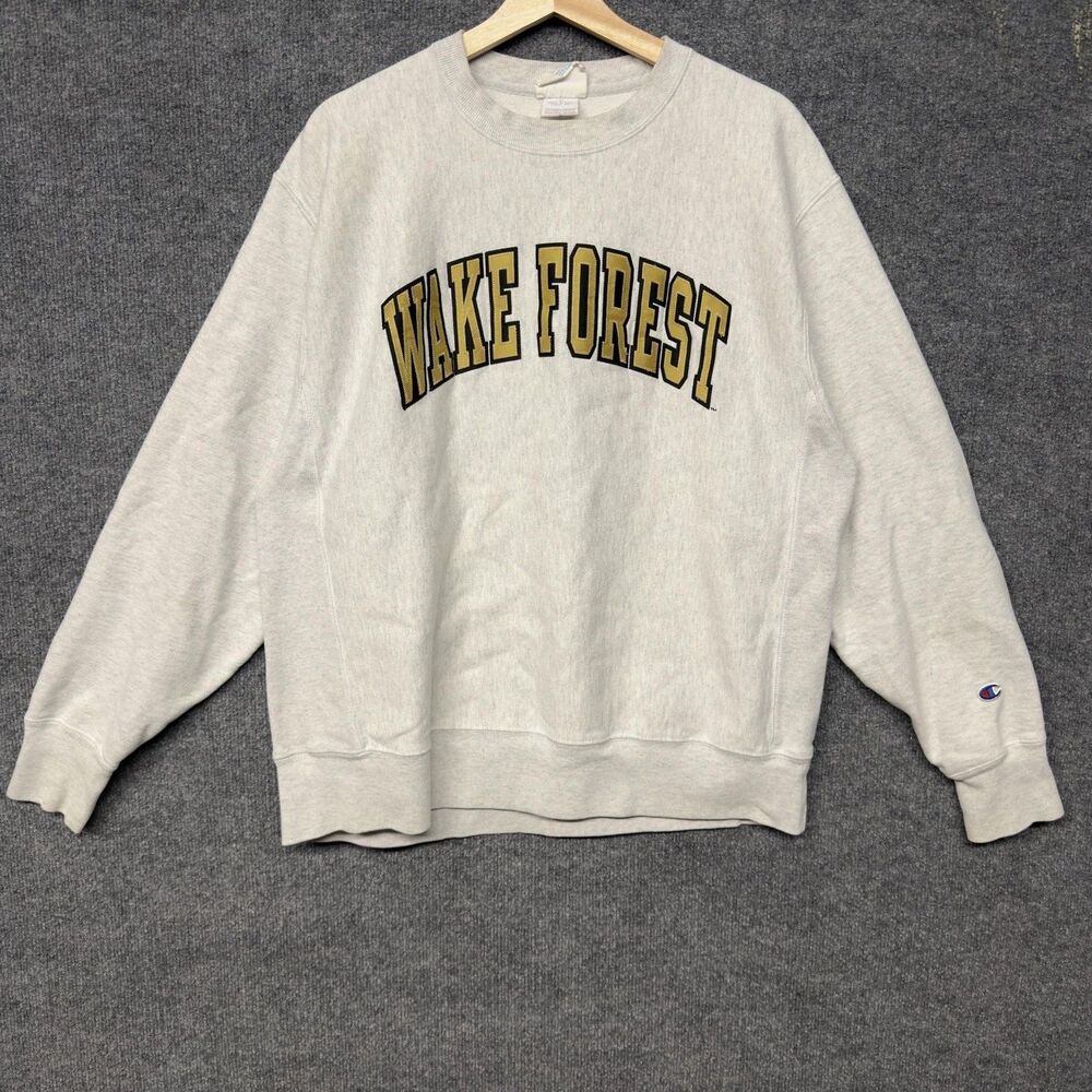 Wake Forest Sweatshirt Mens L Gray Champion Reverse Weave Fleece Crewneck NCAA